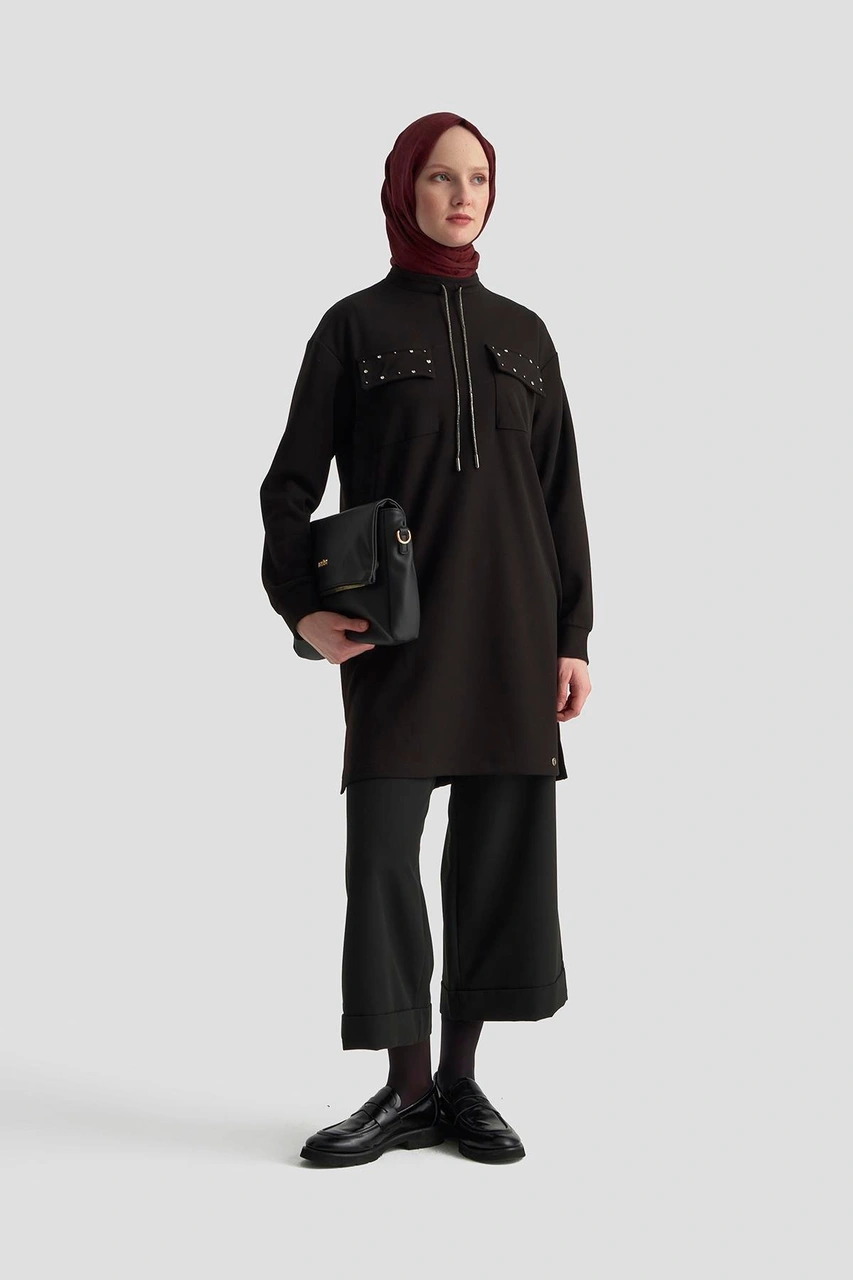 Armine Trend Cep Kapağı Taş Detaylı Taşlı Bağcıklı Crep Tunik Siyah 25kt451 Siyah