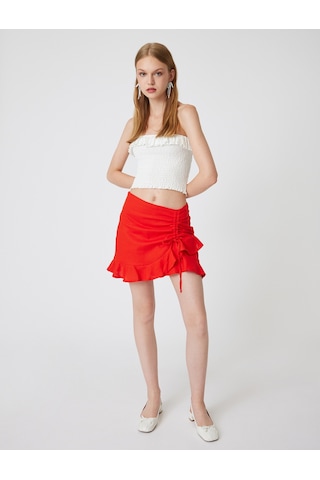 Koton Fırfırlı Mini Keten Şort Etek Slim Fit Fiyonk Detaylı Kırmızı 4sal70013ıw Kırmızı