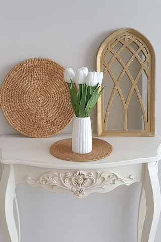 Vazoda Islak Görünümlü Yapay Beyaz Laleler Modern Dekor Aranjmanı Vazo + 8 Li Gül Beyaz