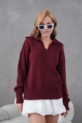 Park Karon Kadın Bordo Polo Yaka Oversize Yarım Pat Yumuşak Dokulu Triko Kazak 8585sw Bordo