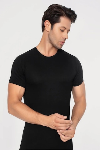 Terrien Delux Serisi Doğum Günü Giyim Alışveriş Erkek Siyah Bambu Tişört Yuvarlak Yaka Kısa Kollu Fanila