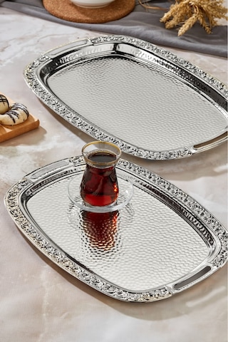 Cooker 2'li Paslanmaz Çelik Sunum Servis Tepsisi 40x70 Cm Gri