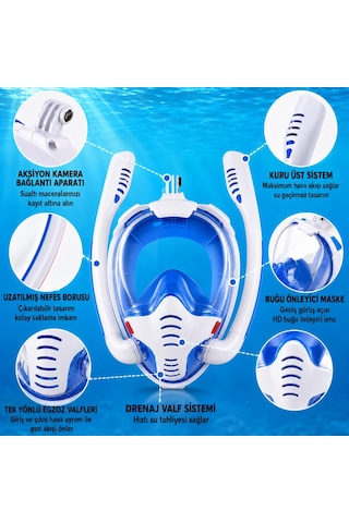 Hymark Çift Tüplü Şnorkel Maskesi L-xl Beden Tam Kuru Dalış Yüzme Maskesi Full Face Dalış Gözlüğü Beyaz - Mavi