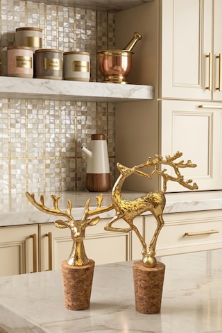 Figürlü Gold Lüks Metal Geyik Başlı Mantar Tıpa 2'li Set - Şişe Tıpası Yağdanlık Ve Sunum Aksesuarı