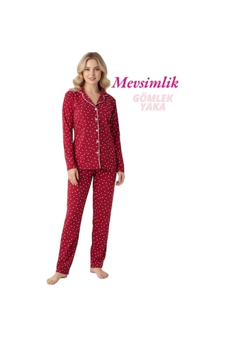 Guava Kadın Desenli Slim Fit Gömlek Yaka Önden Düğmeli Dar Kalıp Mevsimlik Uzun Kollu Pijama Takımı Kırmızı
