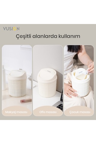 Vusıgn Mini Masaüstü Çöp Kutusu Hareketli Kapaklı 13 X 16,5 Cm Bej