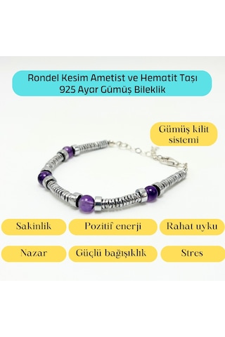 Yıldız Doğal Taş Rondel Kesim Ametist ve Hematit Doğal Taş Gümüş Bileklik 6 MM