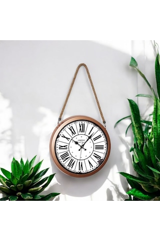 Halatlı Bakır Renkli Metal Çerçeveli Eskitme Duvar Saati 36 Cm Bakır