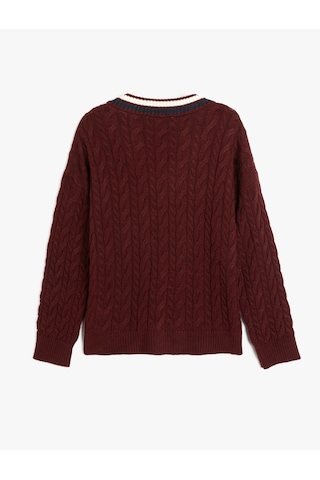 Koton Uzun Kollu Saç Örgü Kadın Oversize V Yaka Kazak Bordo 5wak90766ht Bordo