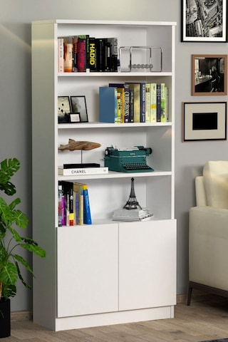 2 Kapaklı Dolaplı 4 Raflı Kitaplık Beyaz Siyah