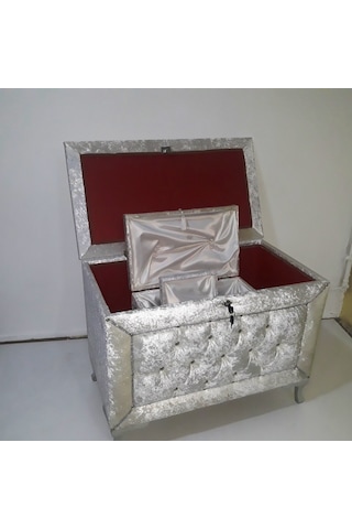 Çeyiz Sandık Kapitone Küçük Model 3lü Set Krem Kadife Kumaş İçi Kırmızı Tela Kutu Sevk El Yapım