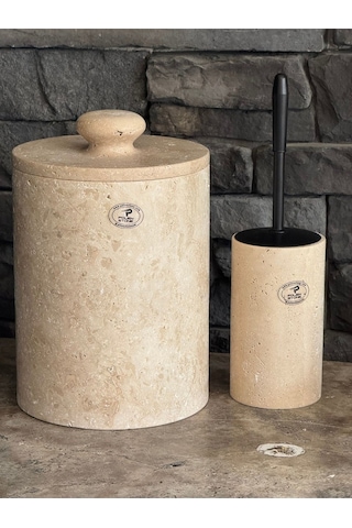 Yeni Traverten Doğaltaş Kendinden Kulplu 2 Li Banyo Takımı Büyük Çöp Kovalı 26x20 Beyaz