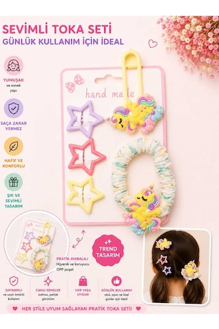 5'li Set Unicorn Figürlü Büzgülü Lastik Ve Yıldız Çıtçıt Çocuk Saç Tokası Seti - Farklı Renk Seçenekli Sarı