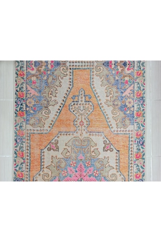 Eskitme Madalyon Desenli Turuncu Ve Krem Vintage Halı - 12346ou Kiremit