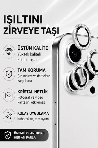 İphone 17 Pro / 17 Pro Max Uyumlu Taşlı Kamera Lens Koruyucu Gümüş