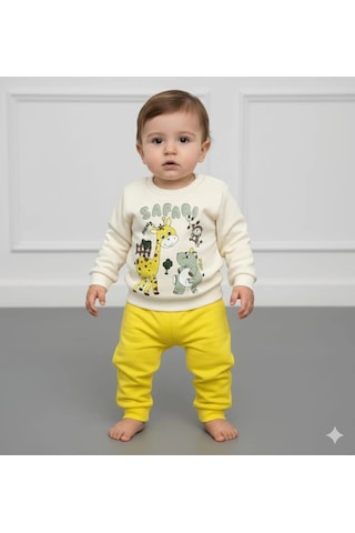 Erkek Bebek Safari Baskılı Alt Üst İkili Gündelik Takım Sari