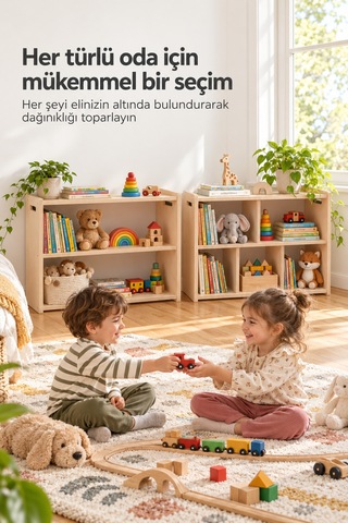 Vecta Montessori Huş Ahşap Oyuncak Dolabı Ve Çocuk Kitaplığı 2 Katlı, Çift Taraflı Açık Raf