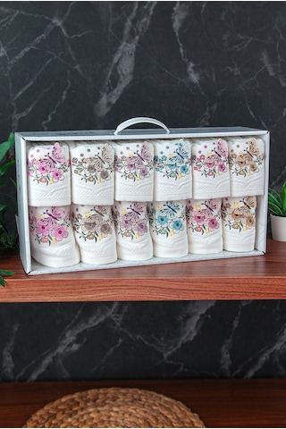%100 Pamuklu 3d Kelebek İşlemeli 12 Li Analı Kızlı Çeyizlik Havlu Seti 50x90 Cm - 00030 Beyaz