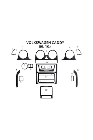 Volkswagen Caddy Torpido Kaplama 2010 18 Parça Siyah Karbon