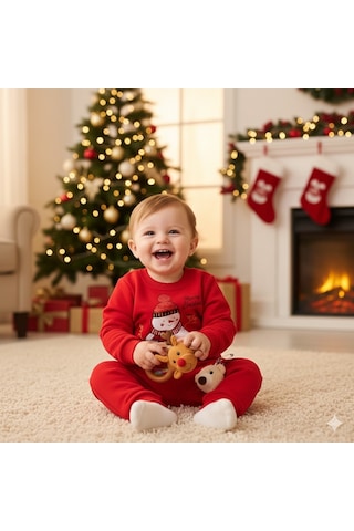 Miniko Kids Bebek Yılbaşı Noel Temalı Kardan Adam Baskılı Eşofman Takımı Kırmızı