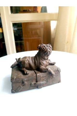 Omeniv Antika Ağır Bronz Döküm Köpek Pug Heykel Biblo Figür