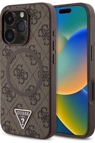 Apple Uyumlu iPhone 16 Pro Kılıf Guess Lisanslı Magsafe Şarj Özellikli Pu Üçgen Logo 4g Desenli Kapak Kahverengi