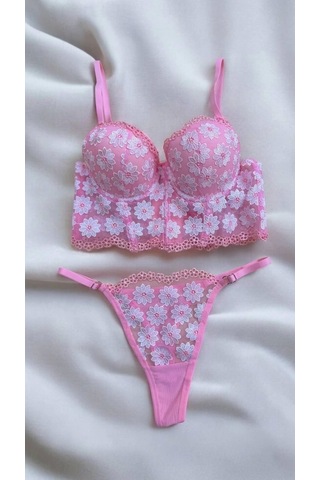 Arona Papatya Desenli Destekli Büstüyer Takım-pembe Papatya Papatya Pembe