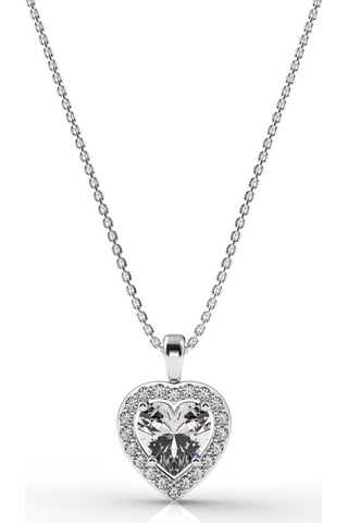 925 Ayar Zirkon Taşlı Rodyum Pırlanta Görünümlü Kalp Gümüş Kolye Gümüş - Rodyum