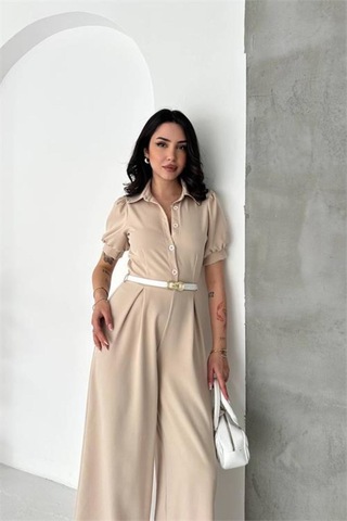 Neşeli Butik Kadın Bej Gömlek Yaka Kemerli Geniş Paça Tulum Nbk4197