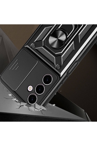 Galaxy A24 Kılıf Magnetik Standlı Kamera Korumalı Zore Sürgülü Vega Kapak Mavi