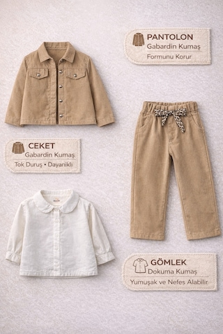 Harika Kids Kız Çocuk Gabardin Ceketli Takım Düğmeli Dokuma Gömlekli, Beli Lastikli Kemerli Pantolon 2-5 Yaş Camel