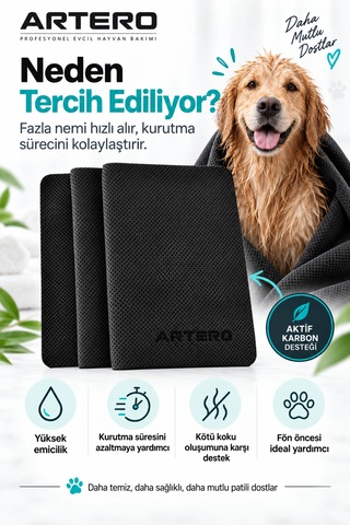 Artero Samba Hızlı Kuruyan Evcil Hayvan Kedi Köpek Havlusu Islak Kullanım Karbonlu 80x30 Cm