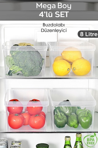 4 Adet Dolap İçi Buzdolabı Düzenleyici - Buzdolabı Meyve Sebze Saklama Kabı Organizer Sepet 8 Litre Şeffaf