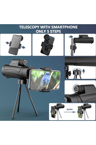 Yetişkinler İçin Akıllı Telefon Tutucu Tripodlu 10x42 Monoküler Teleskop, Hd Bak4 Prısm