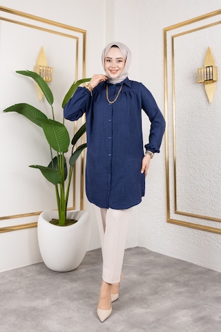 Önü Büzgülü Bilek Lastikli Tunik - Lacivert / Ü104 Lacivert