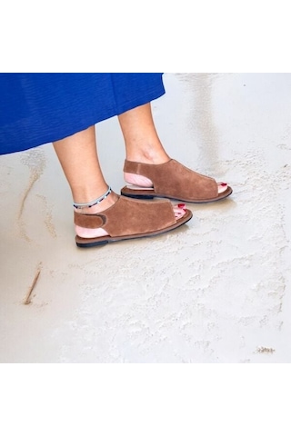 Ne&ve Shoes Taba Süet Hakiki Deri Cırtlı Kadın Günlük Sandalet