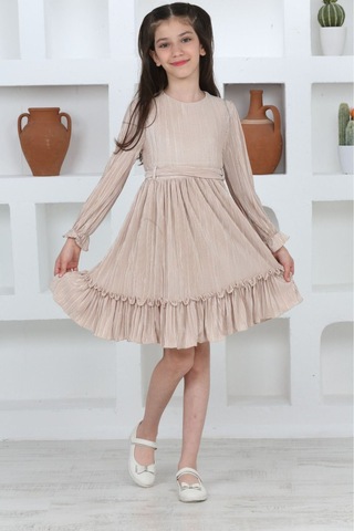 Kız Çocuk Örme Saten Çanta Detaylı Pliseli Astarlı Elbise Bej