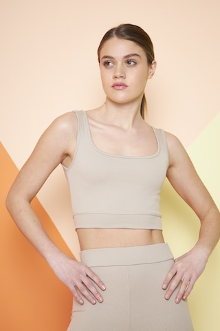 Yeşil Fitilli Kare Yaka Esnek Örme Crop Büstiyer Atlet Bej