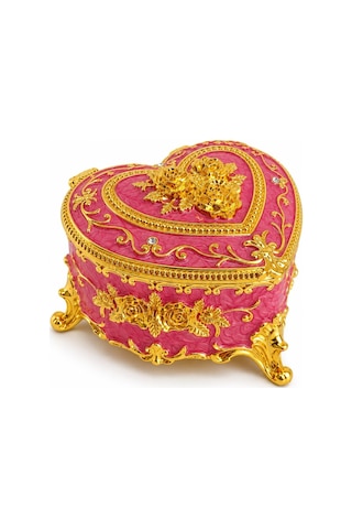 Kalp Şeklinde Mücevher Kutusu Gold İşlemeli Takı Kutusu 6x9 Cm Pembe / Kristal Taş Detaylı, 5 Renk Seçeneği, Çok Renkli