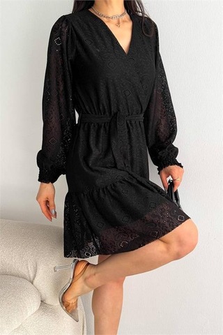 Neşeli Butik Kadın Siyah Kruvaze Kuşaklı Mini Elbise Nbk2026 Siyah