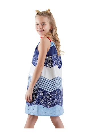 Denokids Lacivert Beyaz Desenli Poplin Kız Çocuk Elbise Renkli Çok Renkli