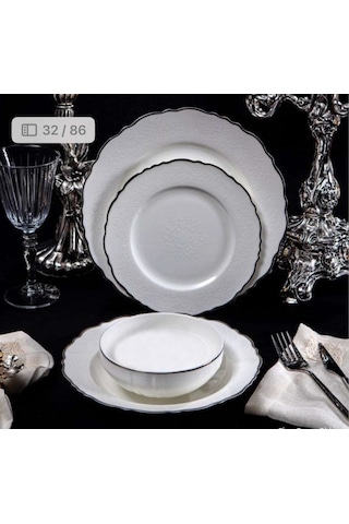 Massimo Victoria Relief Platin 24 Parça Yemek Takımı Beyaz