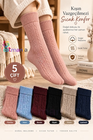 Footmania Kadın 5 Çift Örgü Desenli Sonbahar Ve Kışlık Çorap Seti Extra Yumuşak Çok Renkli