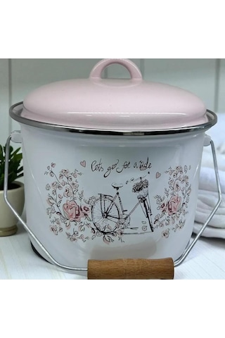 Emaye Bakraç Yoğurt Tenceresi Bakliyat Saklama Tenceresi Patates Soğan Kovası 22 Cm 5 Litre Pembe