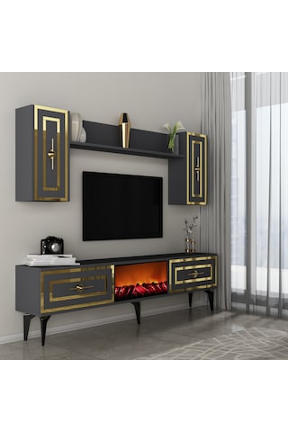 Violla Şömineli Tv Ünitesi Takımı Antrasit-altın