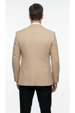 Plus Scorpion Erkek Slim Fit Ceket Likralı Fitilli Kumaş, Çift Düğmeli Tek Yırtmaçlı Modern Tasarım Krem