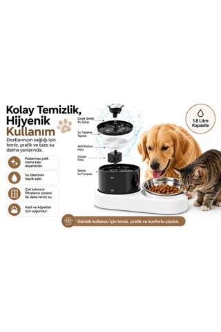 Kedi Köpek İçin 2'si 1 Arada Öşft Otomatik Su Sebili 1.8 Litre Ve Mama Kabı Besleme Seti Su Çeşmesi Sürekli Taze Su Evcil Hayvan