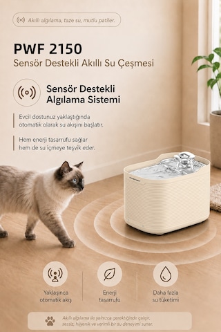 Pwf 2150 Akıllı Otomatik Sensörlü Kedi Köpek Paslanmaz Çelik Su Çeşmesi 2,5l - Petmate Flowsense - Krem
