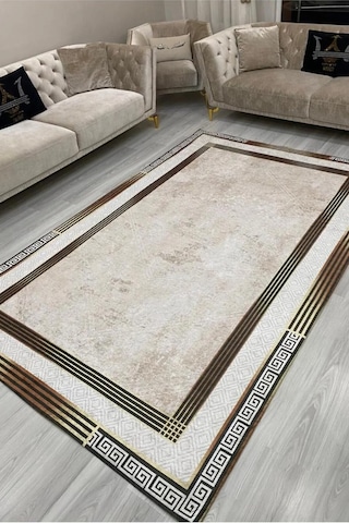 Modern Desenlerde Kadife Dokulu Lastikli Kaymaz Sünger Tabanlı Halı Örtüsü Beej Kahve 300 400 Bej