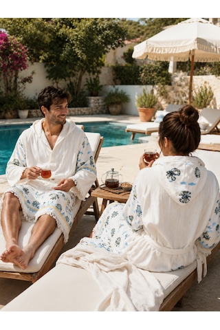 Müslin Taş Baskı Deniz Bornoz Kapşonlu, %100pamuklu- Kapşonlu - Deniz-spa-havuz-banyo Unisex Bornoz Krem - Deniz Canlıları